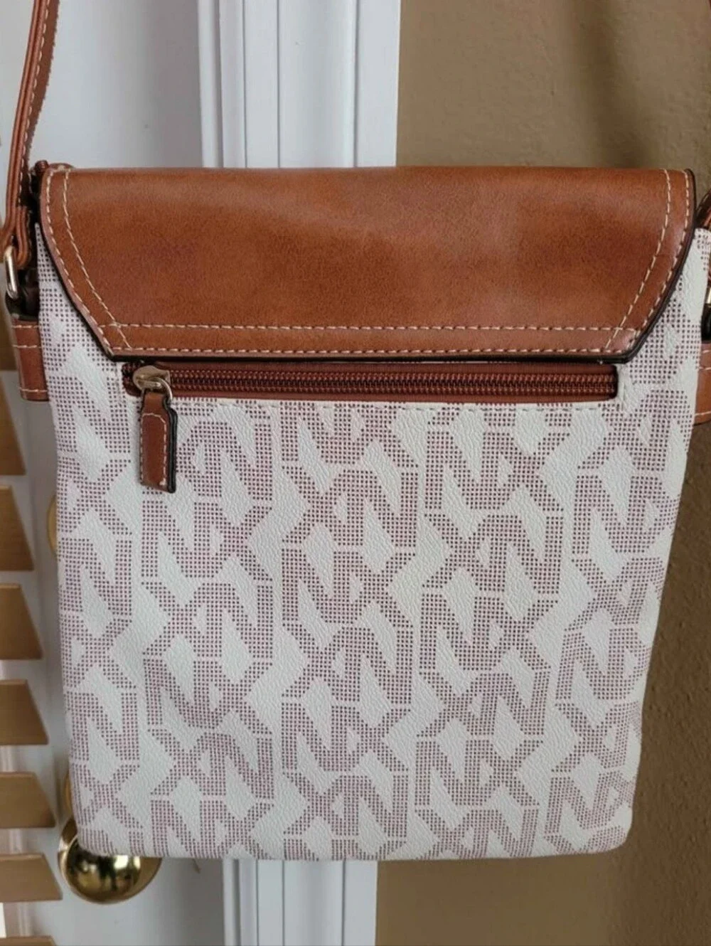 Nobel EXCHANGE Brown & White Logo Crossbody Bag with Gold Hardware